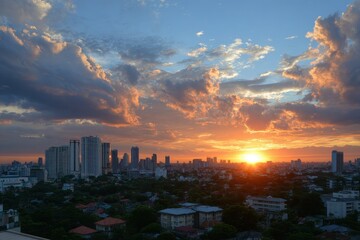 Obraz premium Cityscape view under a vibrant sunset sky with clouds and building silhouettes