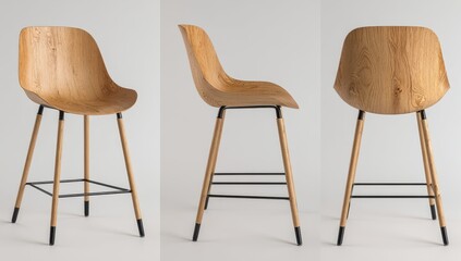 Light-colored wood bar stools, three views