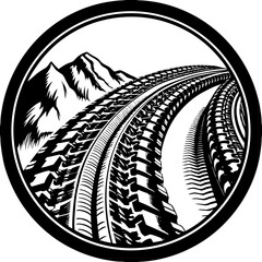 Tire tracks leading to mountains in a circular frame