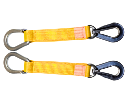Durable yellow safety straps with metal hooks for secure lifting and fastening on a transparent background