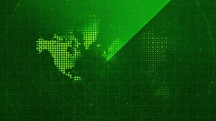 digital green radar screen with world map with sweeping beam rotating across the display - Powered by Adobe