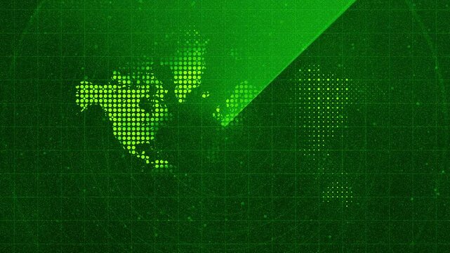 digital green radar screen with world map with sweeping beam rotating across the display