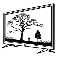 4K Television Displaying a Silhouette Landscape with Trees and a Person