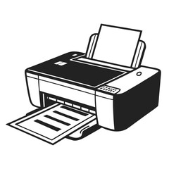Black and white clip art illustration of a multifunction printer with paper