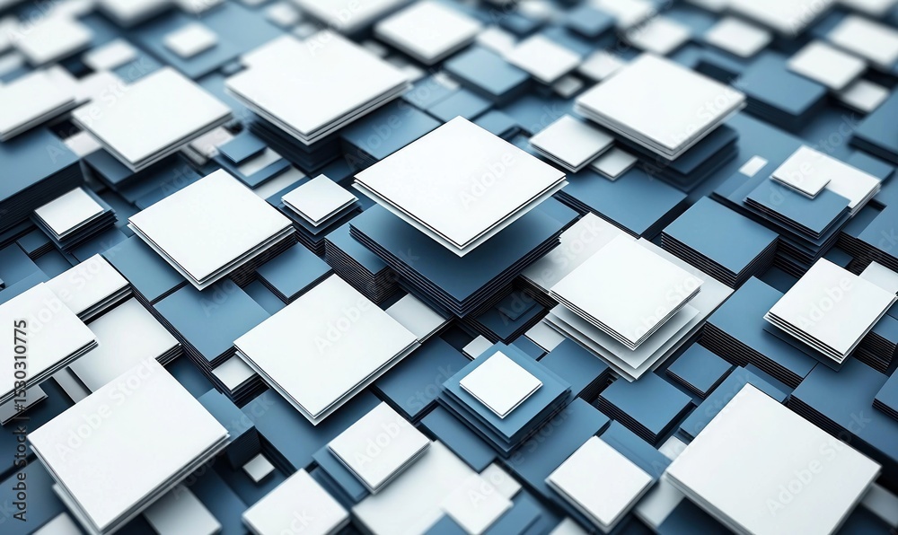 Fototapete Abstract 3D rendering of a dense array of stacked cubes in shades of blue and white, creating a layered, textured effect