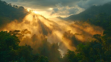 Fototapeta premium Sun rays through misty mountain valley at sunrise.