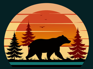 Silhouette of a bear walking through sunset forest landscape