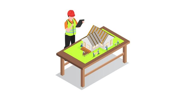 Architect Overseeing House Construction Project Model with Workers on Table 3d animation cartoon