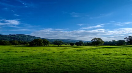 Fototapeta premium Serene Landscape Picturesque Green Field Under a Vivid Blue Sky