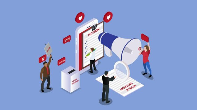 Online Petition and Social Activism Concept with Voting and Public Support 3d animation cartoon