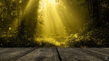 Obraz premium Golden forest, sunlight beams, glowing particles