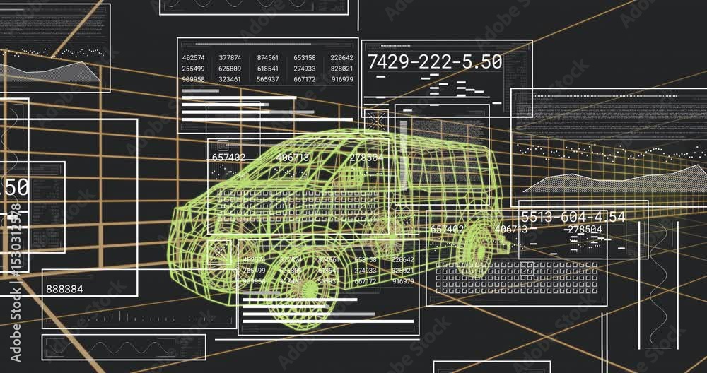 Poster on start wireframe van receiving panels, updating codes and pulsing target graphic visualizing scan
