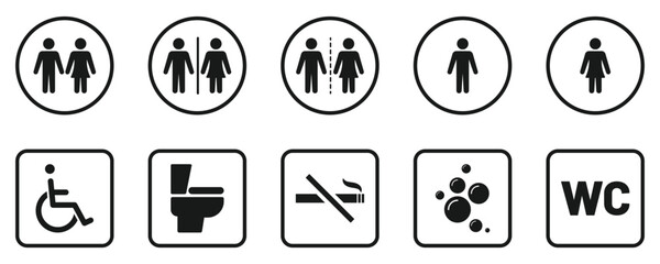 Accessibility and washroom sign icons. Gender and facility symbols, bathroom icons. Comprehensive collection of toilet, shower, soap, accessibility, and gender specific restroom signs.
