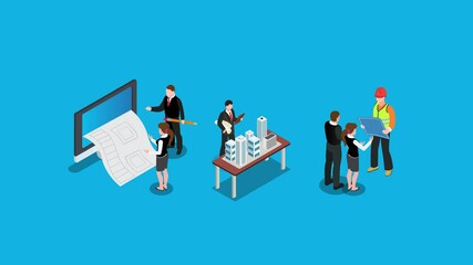 Architecture and Construction Planning Process with Team Collaboration 3d animation cartoon