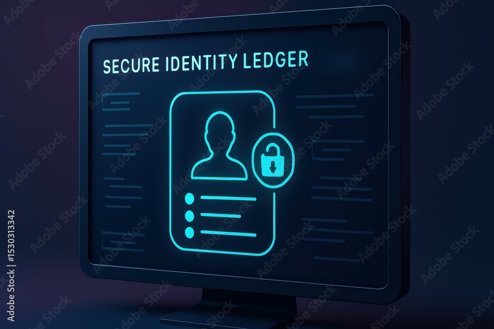 Poster digital display of secure identity ledger with user profile and lock icon for cyber security