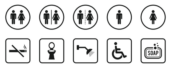 Toilet icons set. Men and women restroom icon. Bathroom for men, women and handicap. Collection of restroom signs. Toilet for male, female. Vector illustration