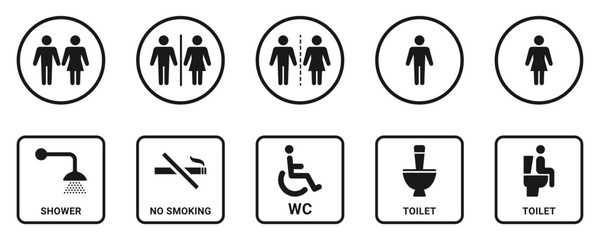 Male and female restroom. Set of restroom, toilet icon collection. Restroom or bathroom for man and woman. Man, woman and disabled icon, Toilet and bathroom sign vector illustration.