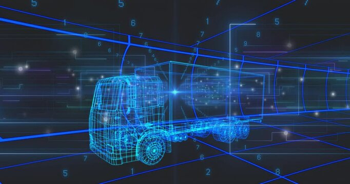 Opening neon grid starting wireframe semi truck rotating and streaming for cargo diagnostics