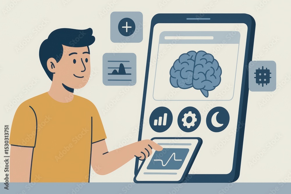 Poster young man interacting with smart device displaying brain health metrics and analytics