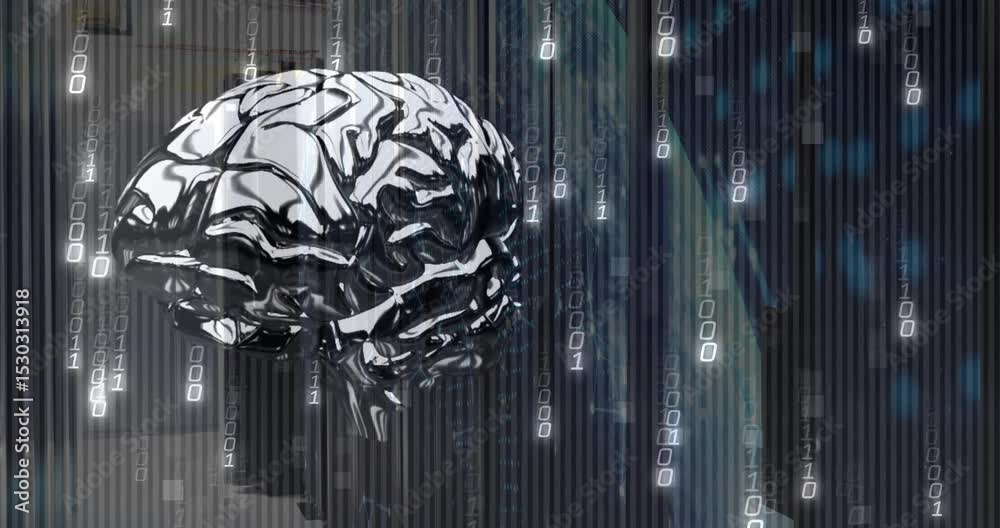 Poster as glitch lines scanning, metallic brain model rotating for showing data flow in neural simulation