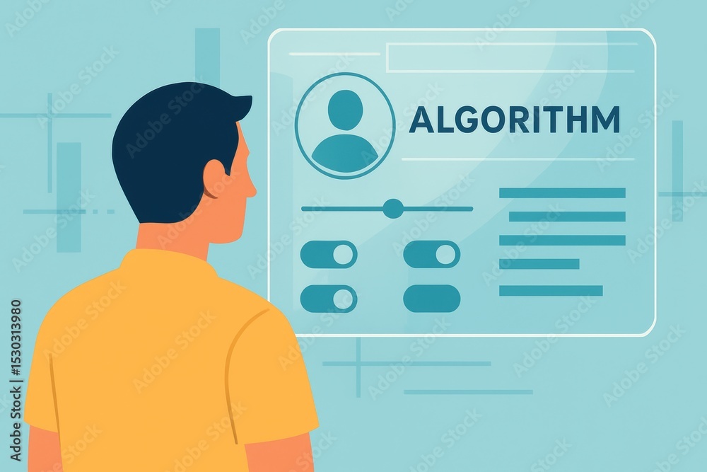 Aufkleber young man interacting with modern user interface visualizing algorithm data analysis