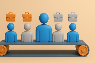 Conceptual illustration of job interview process with people on a conveyor belt and briefcases