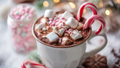 Festive hot chocolate topped with marshmallows and candy canes