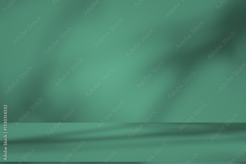 Poster Wall interior background, studio and backdrops show products. with leaf shadow from window color green and white. background for text insertion and presentation of product	