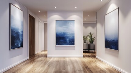 Modern hallway with abstract art and wooden floors. Interior design. Possible use Stock photo for home decor