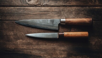 Two knives, wooden handles, dark wood table