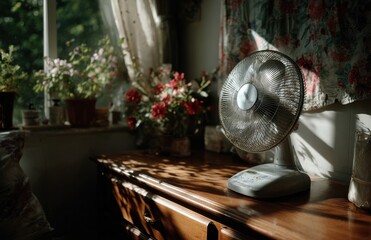Electric fan cooling down a room during summer heatwave