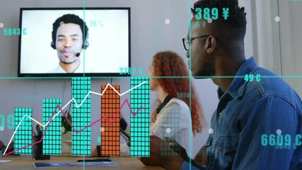 Colleagues in business meeting around table, presenter greeting and showing metrics, graphs rising - Powered by Adobe