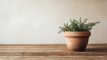single handcrafted clay pot filled with fresh herbs placed on rustic wooden surface