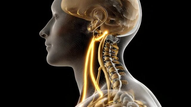 Vagus nerve concept ,Detailed anatomical view of human neck and spinal cord, highlighting nervous system and its pathways