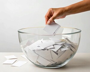 hand holding glass of water, A hand reaching into a clear glass bowl filled with white paper slips. The slips are all different and each represents a potential winner