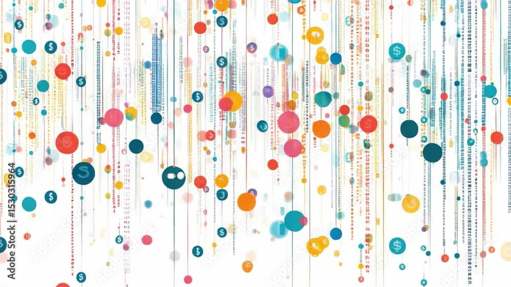 Poster abstract data stream: a vibrant cascade of colorful circles and lines, illustrating the dynamic flow