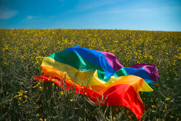 Colorful LGBT flag blows in the breez.
