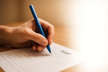 Side view of a single hand gripping a blue pen mid-sentence, test form partially filled in