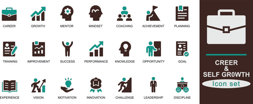 A modern Solid career and self growth icon set. Featuring career, growth, mentor, mindset, coaching, achievement, planning, training, improvement and success.