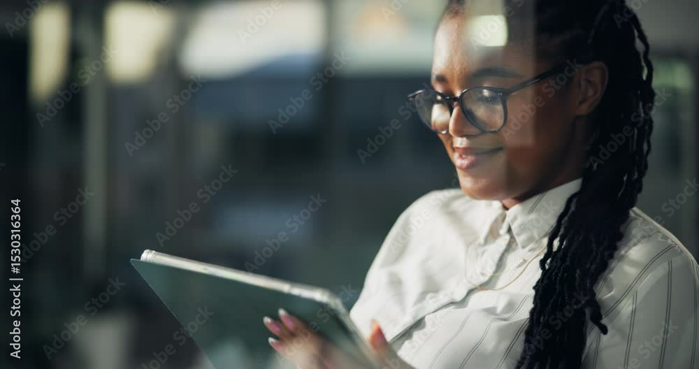 Poster office, black woman and reading on tablet for information, software update or application developmen