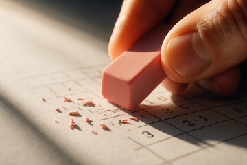 Low-angle macro shot of hand erasing an answer with a pink eraser, fragments of rubber scattered