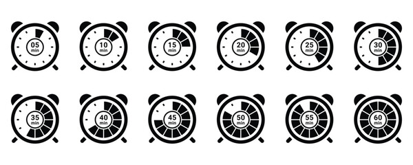 Clock timer icons showing elapsed time. Vector alarm clock illustrations representing time passing in equal parts. Great for educational content, time management visuals, and infographics.