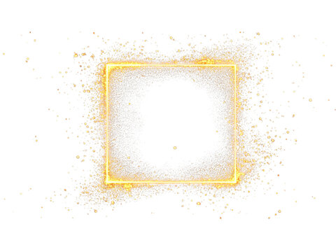 gold flowing border frame with sparks and glitters particles, luxury abstract Gold Glitter Sparkles border frame, shimmering light spark frame, Golden rectangle square frame with particles.