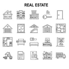 Real Estate Icon Set: A comprehensive collection of detailed real estate icons, designed with clean lines, perfect for illustrating various aspects of property and housing.