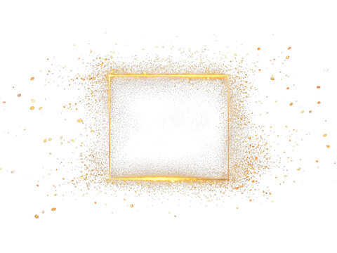 gold flowing border frame with sparks and glitters particles, luxury abstract Gold Glitter Sparkles border frame, shimmering light spark frame, Golden rectangle square frame with particles.