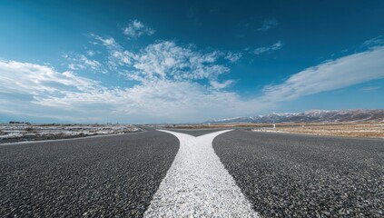 Fototapeta premium Two roads diverge in a vast landscape under a clear sky
