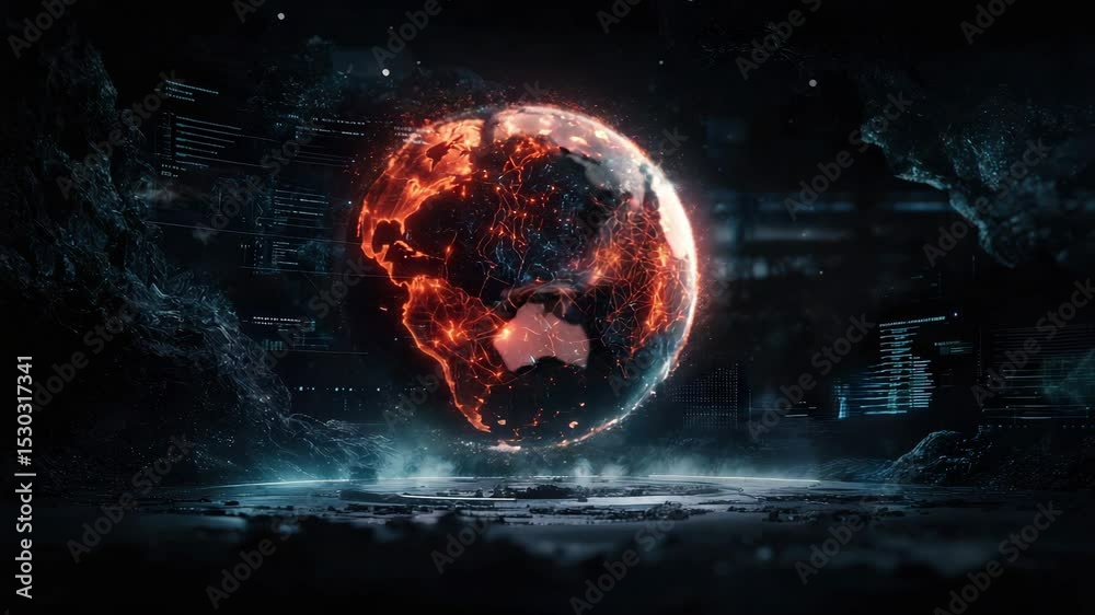 Poster A glowing digital sphere with interconnected networks hovers in a dark, high-tech environment filled with data streams.