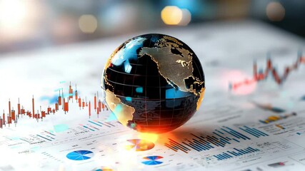 A digital globe sits atop financial charts with colorful stock graphs representing global business trends and analytics. - Powered by Adobe