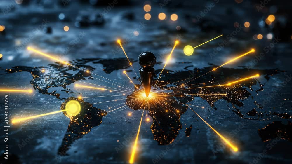 Poster a glowing map pin marks a location in africa, with illuminated lines connecting it to other regions 