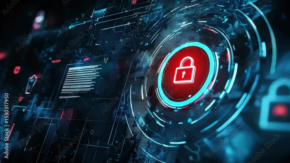 Poster a glowing red padlock graphic represents cybersecurity and digital data protection on a futuristic i
